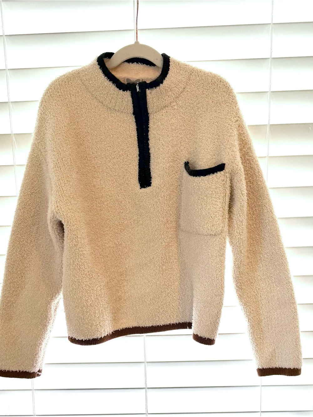 Cream Sherpa Half-Zip Pullover with Black Trim